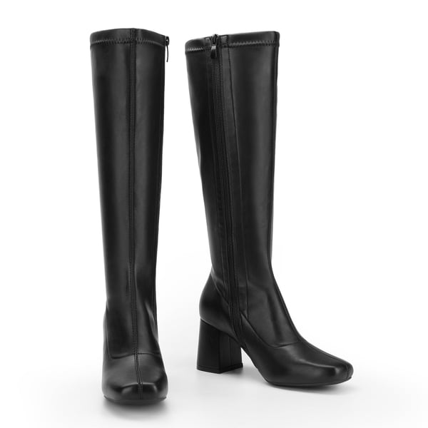 Desire Square Toe Chunky Knee High Gogo Boots - BLACK PU - 3